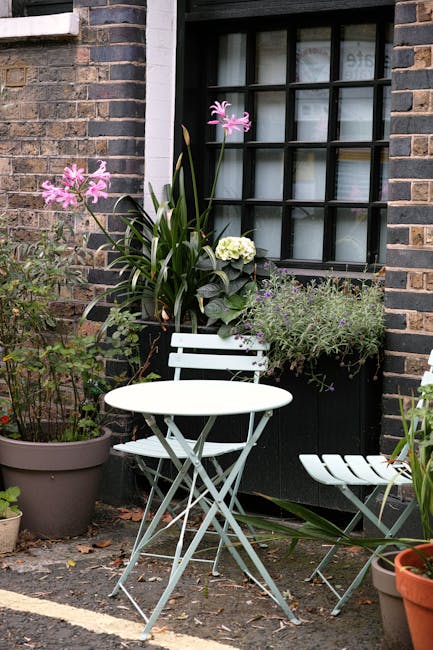 A view of a small city garden featuring a narrow canal with floating buoys and water lilies in the foreground. Behind the canal, there is a paved patio area with outdoor furniture, including a wooden 